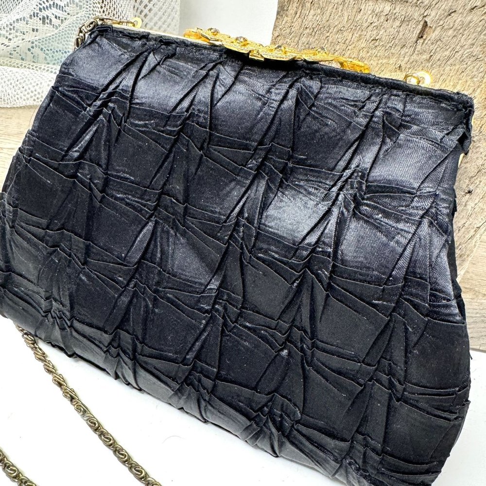 Elegant Black Fabric & Rhinestone Evening Purse w/ Chain - Picture 3 of 8